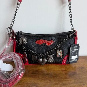 New Ed Hardy Black Red Croc Embossed Skull Crossbody Shoulder Handbag Y2K Charms